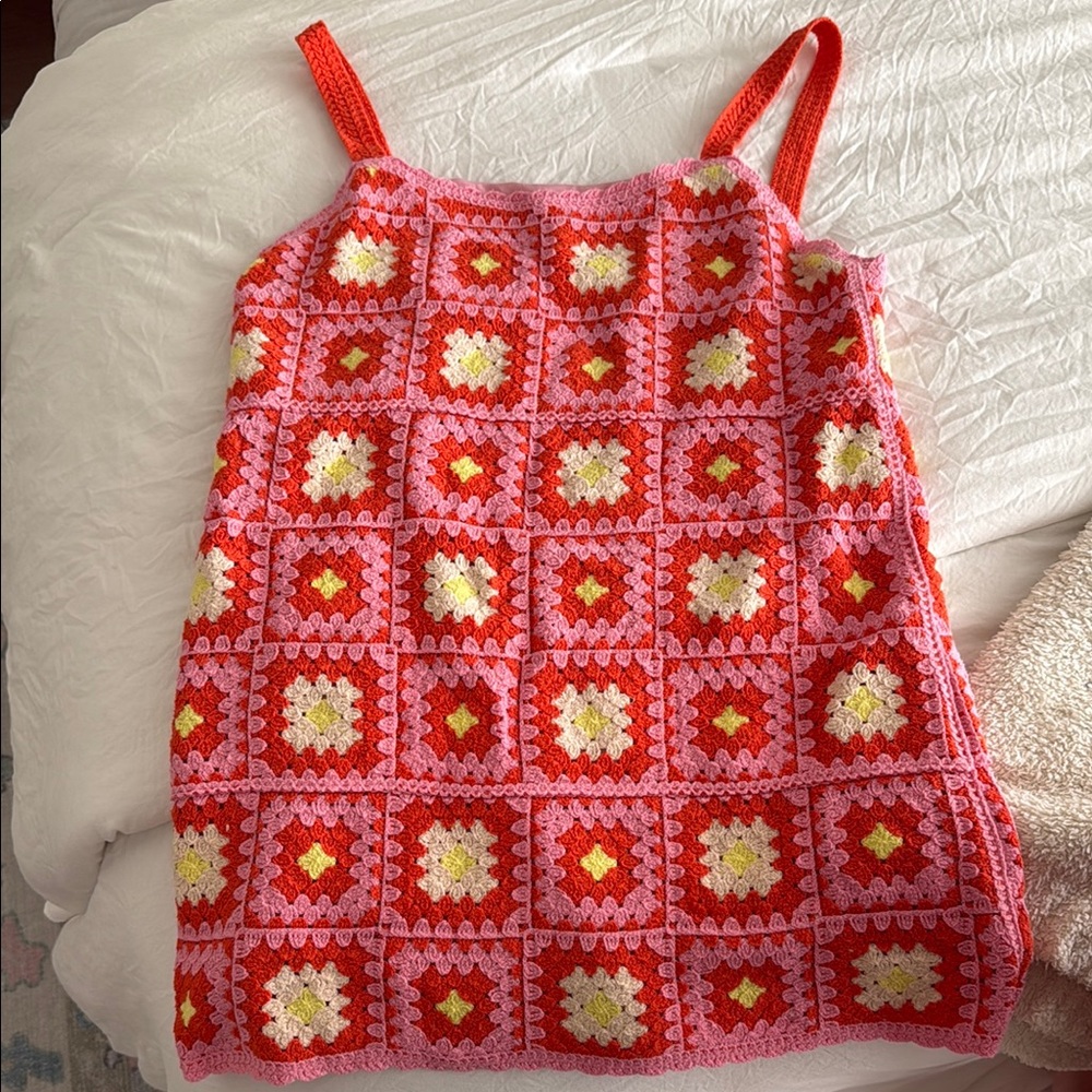 ZARA Colorful Crochet coverup with Red and Yellow Squares